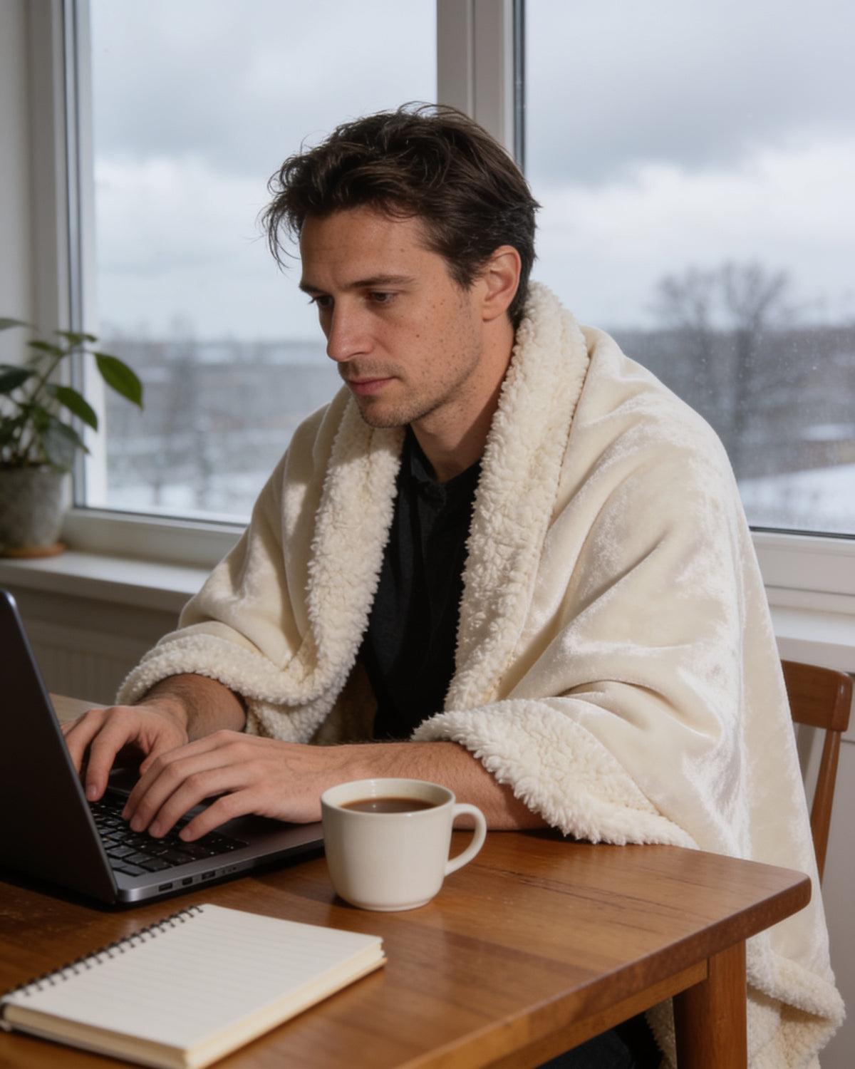 Homme en télétravail avec le plaid chauffant mitoufle sur les épaules