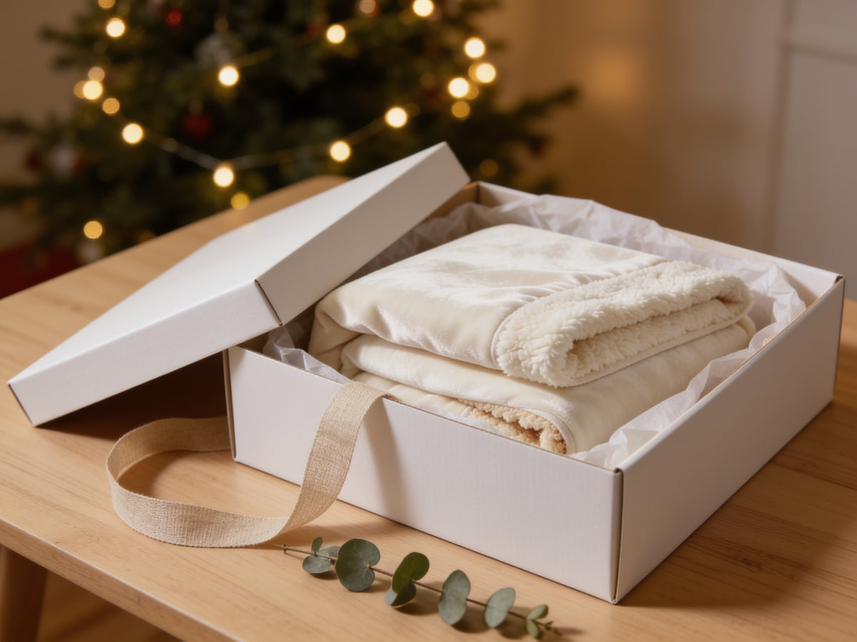Coffret cadeau mitoufle avec le plaid plié, à Noël